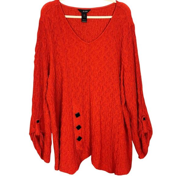 Ali Miles Womens 3X Tunic Top Orange Crinkle Roll Tab Sleeves Black Bottons - Picture 1 of 5